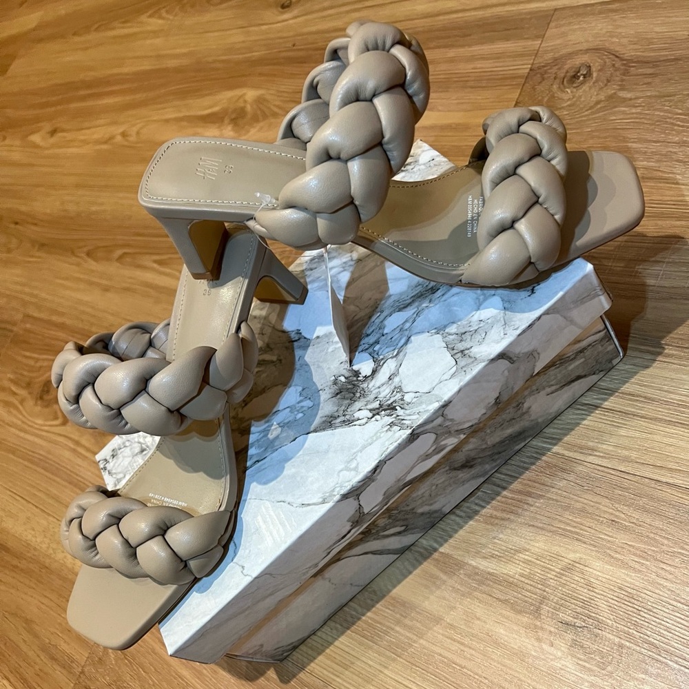 NEW - Beige Leather Heels w/ braided straps